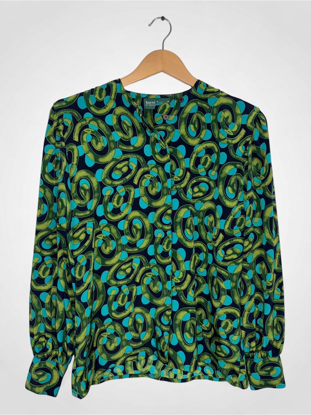 WSH20 {Harve Benard} Green Blue Print Long Sleeve Button Down Blouse Top Shirt